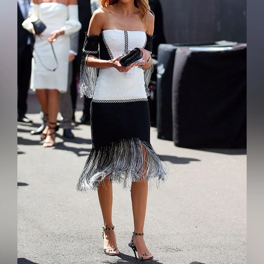 Alexis Antoinette Embroidered Fringed‎ Midi Dress Black/White Small